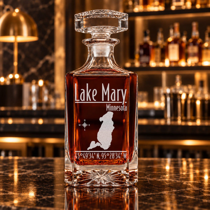 Lake Mary Minnesota Modern engraved square whiskey decanter - decanter alone