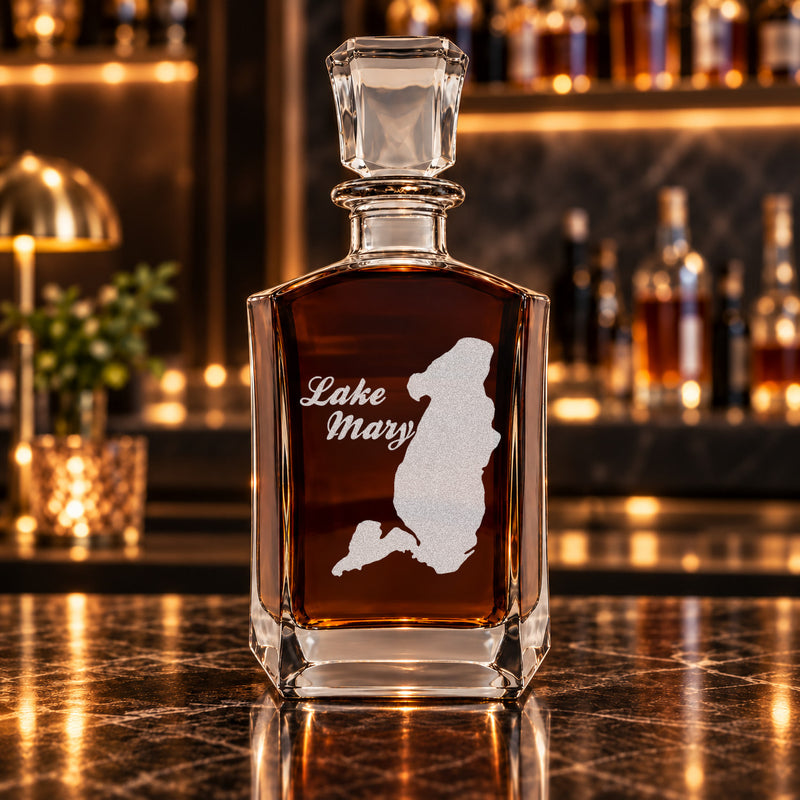 Lake Mary Minnesota Minimalist engraved six-sided whiskey decanter - decanter alone