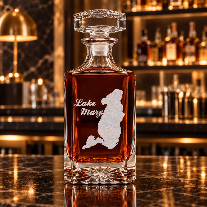 Lake Mary Minnesota Minimalist engraved square whiskey decanter - decanter alone