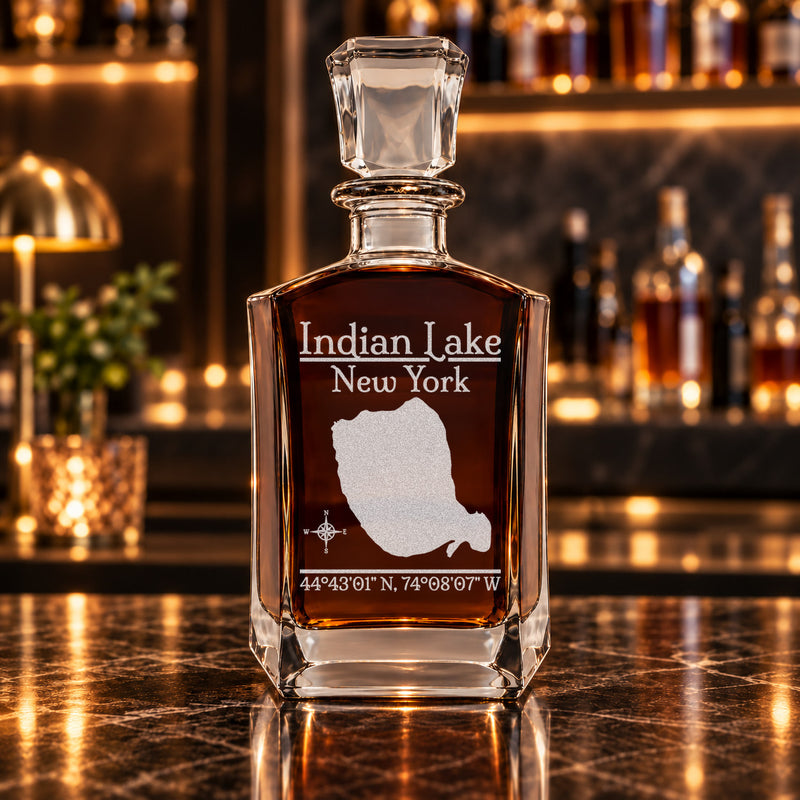 Indian Lake New York Classic engraved six-sided whiskey decanter - decanter alone