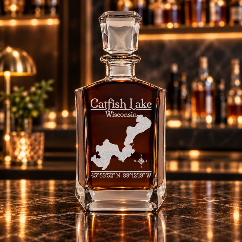Catfish Lake Wisconsin Classic engraved six-sided whiskey decanter - decanter alone