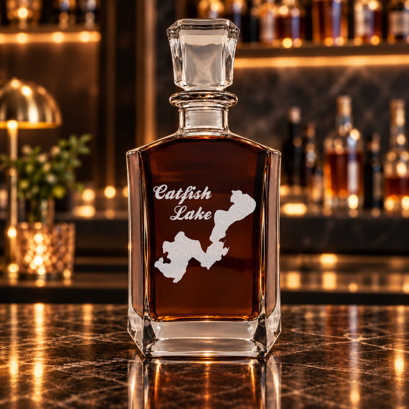 Catfish Lake Wisconsin Minimalist engraved six-sided whiskey decanter - decanter alone