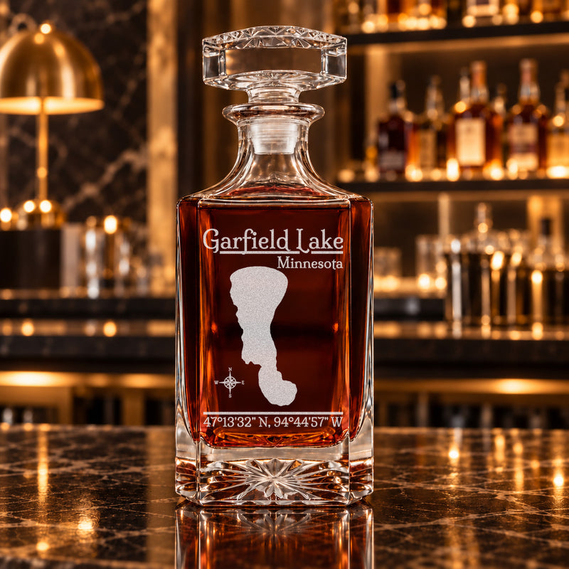 Garfield Lake Minnesota Classic engraved square whiskey decanter - decanter alone