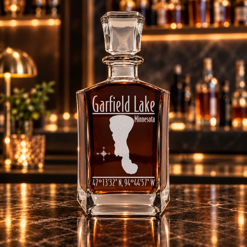 Garfield Lake Minnesota Modern engraved six-sided whiskey decanter - decanter alone