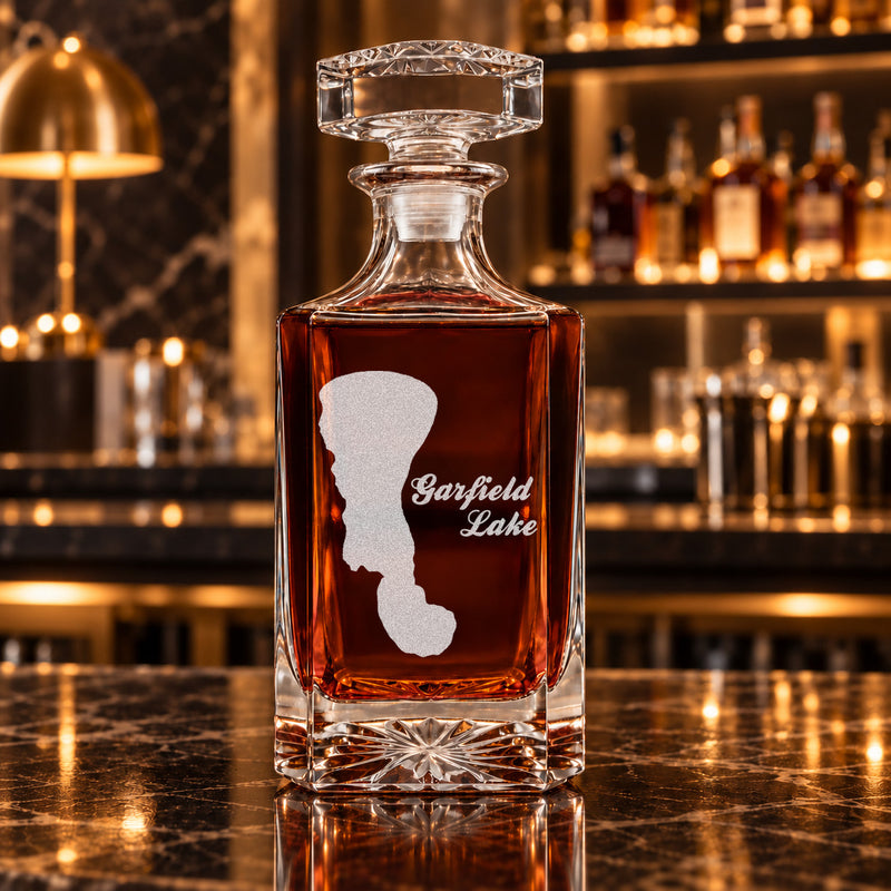 Garfield Lake Minnesota Minimalist engraved square whiskey decanter - decanter alone