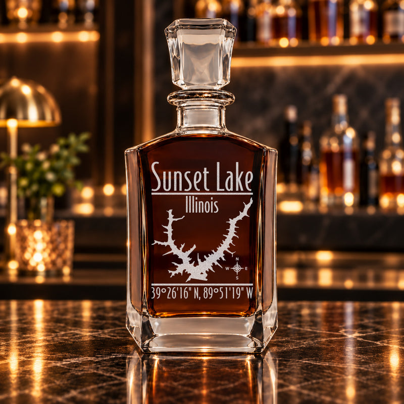 Sunset Lake Illinois Modern engraved six-sided whiskey decanter - decanter alone