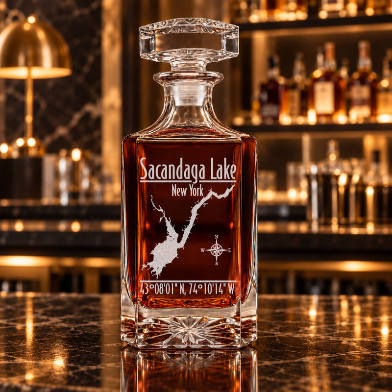 Sacandaga Lake New York Modern engraved square whiskey decanter - decanter alone
