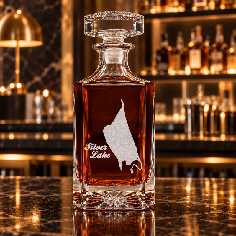 Silver Lake California Minimalist engraved square whiskey decanter - decanter alone