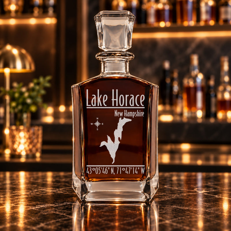 Lake Horace New Hampshire Modern engraved six-sided whiskey decanter - decanter alone