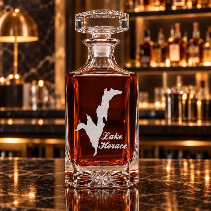 Lake Horace New Hampshire Minimalist engraved square whiskey decanter - decanter alone