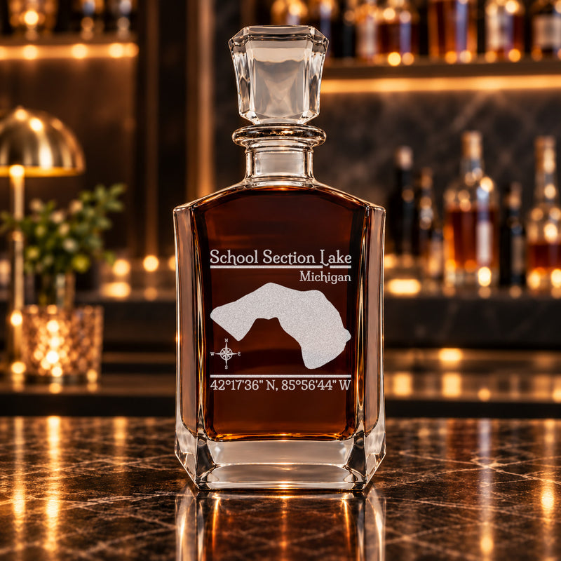School Section Lake Michigan Classic engraved six-sided whiskey decanter - decanter alone