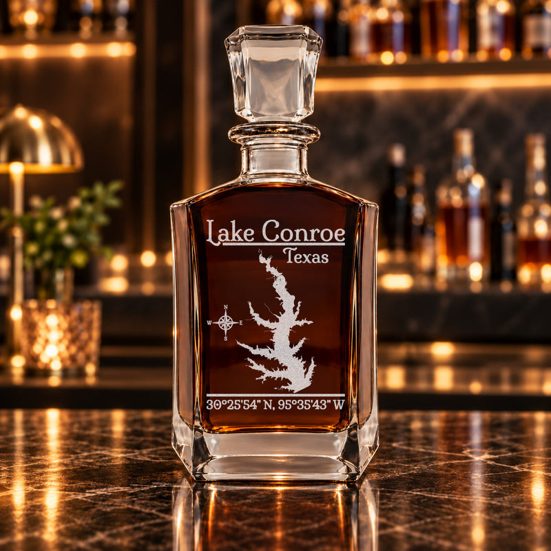 Lake Conroe Texas Classic engraved six-sided whiskey decanter - decanter alone
