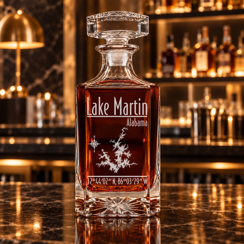Lake Martin Alabama Modern engraved square whiskey decanter - decanter alone