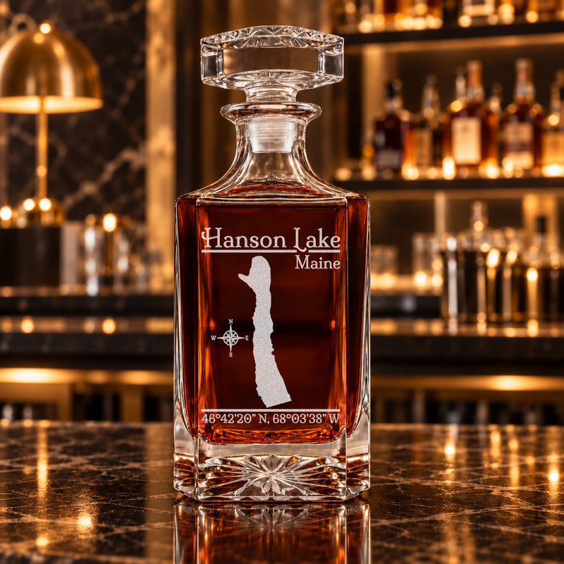 Hanson Lake Maine Classic engraved square whiskey decanter - decanter alone