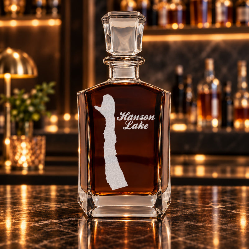 Hanson Lake Maine Minimalist engraved six-sided whiskey decanter - decanter alone