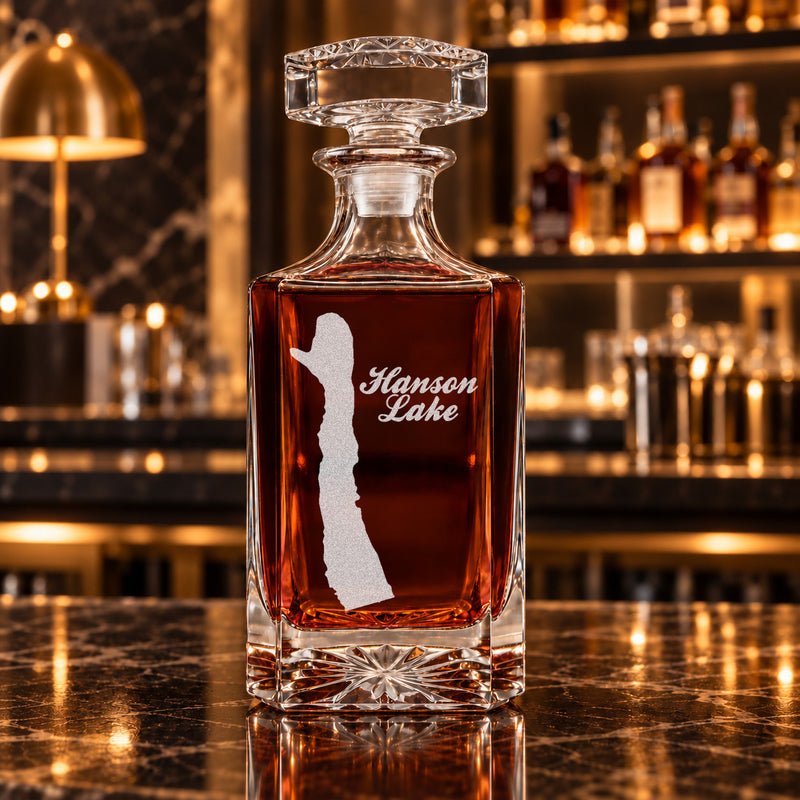 Hanson Lake Maine Minimalist engraved square whiskey decanter - decanter alone