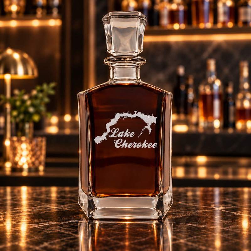 Lake Cherokee Texas Minimalist engraved six-sided whiskey decanter - decanter alone