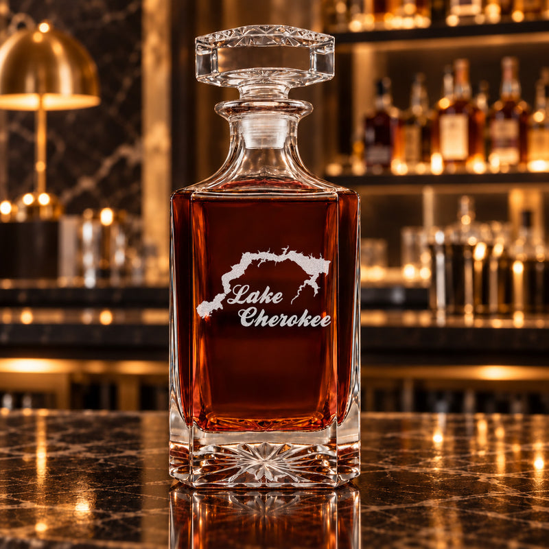Lake Cherokee Texas Minimalist engraved square whiskey decanter - decanter alone