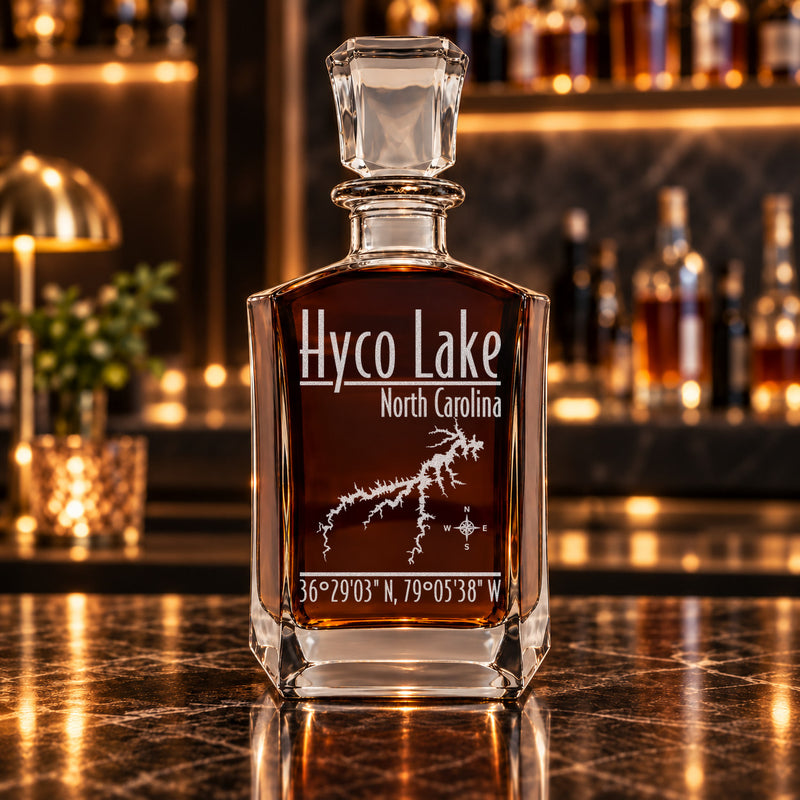 Hyco Lake North Carolina Modern engraved six-sided whiskey decanter - decanter alone