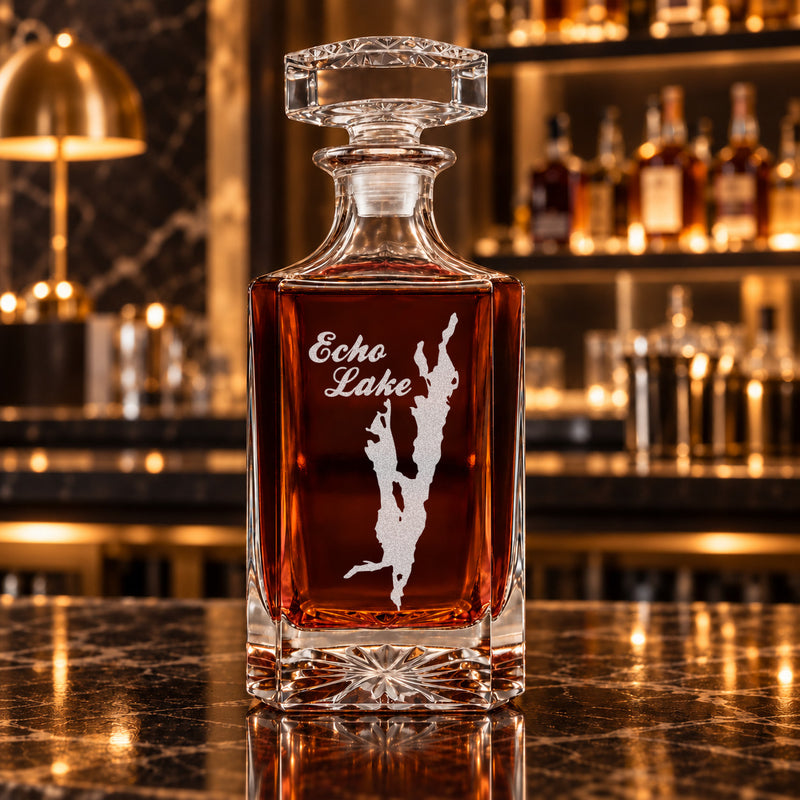 Echo Lake Rhode Island Minimalist engraved square whiskey decanter - decanter alone