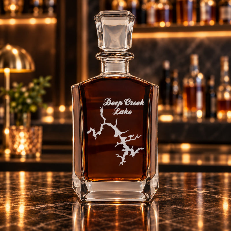 Deep Creek Lake Maryland Minimalist engraved six-sided whiskey decanter - decanter alone