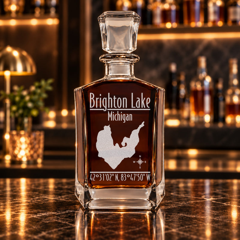 Brighton Lake Michigan Modern engraved six-sided whiskey decanter - decanter alone