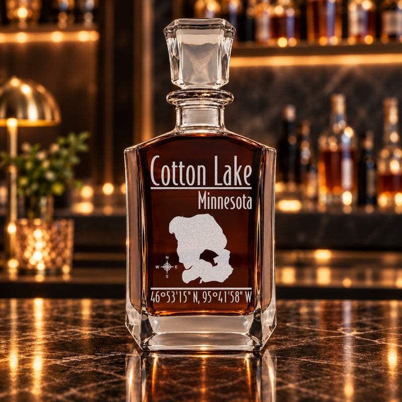 Cotton Lake Minnesota Modern engraved six-sided whiskey decanter - decanter alone