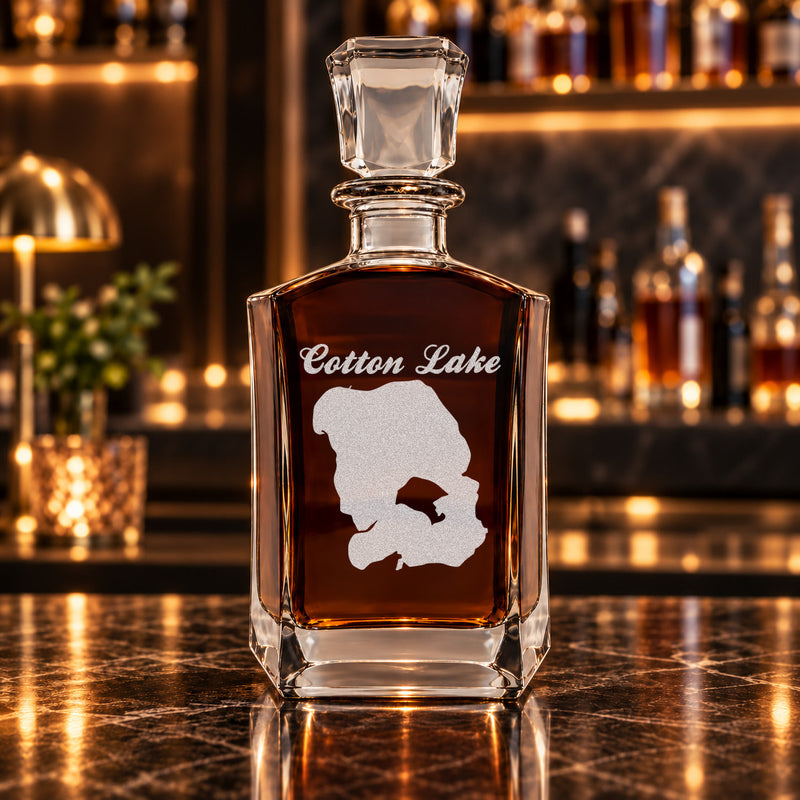 Cotton Lake Minnesota Minimalist engraved six-sided whiskey decanter - decanter alone