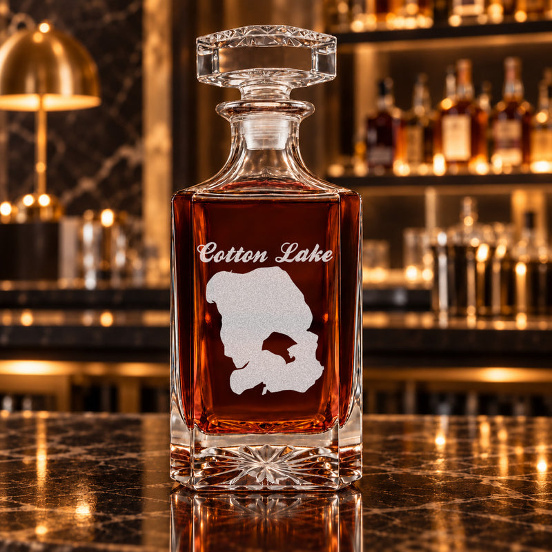 Cotton Lake Minnesota Minimalist engraved square whiskey decanter - decanter alone