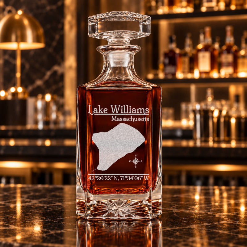 Lake Williams Massachusetts Classic engraved square whiskey decanter - decanter alone