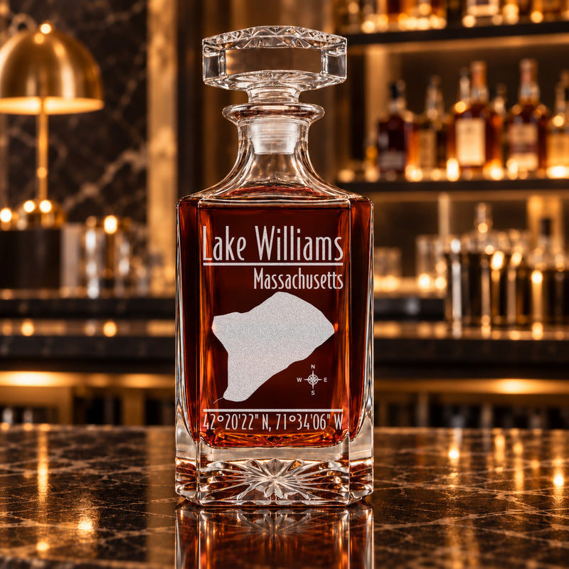 Lake Williams Massachusetts Modern engraved square whiskey decanter - decanter alone