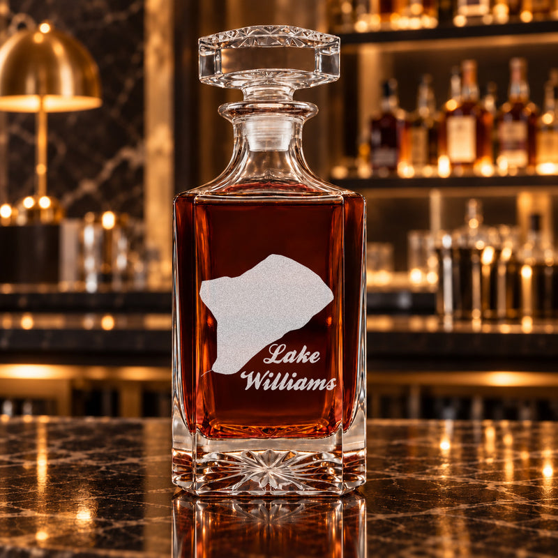 Lake Williams Massachusetts Minimalist engraved square whiskey decanter - decanter alone