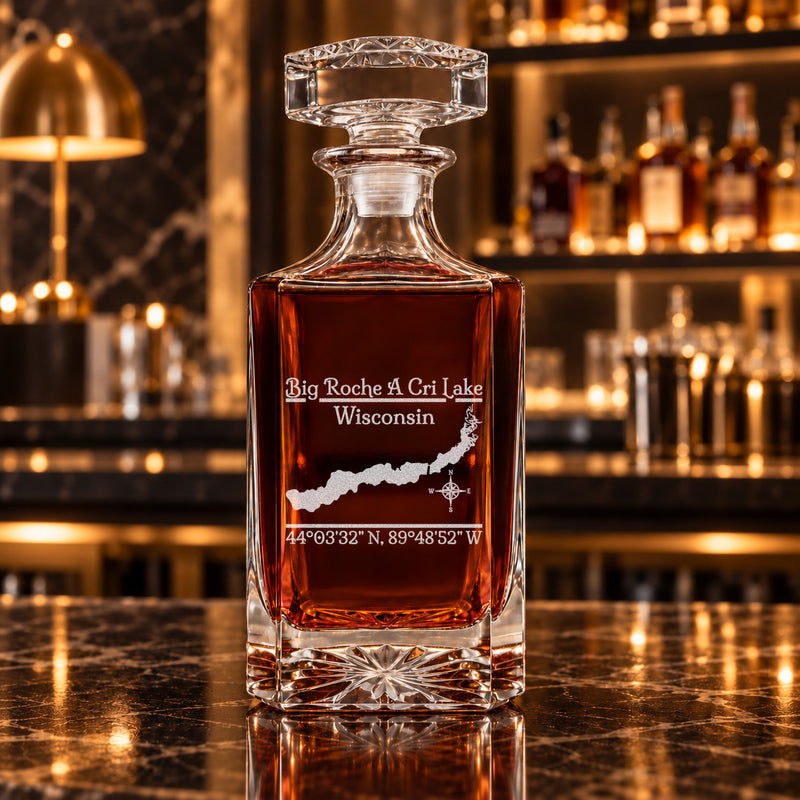 Big Roche A Cri Lake Wisconsin Classic engraved square whiskey decanter - decanter alone