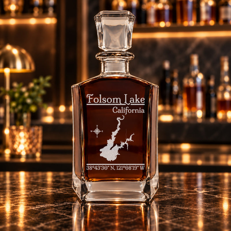Folsom Lake California Classic engraved six-sided whiskey decanter - decanter alone