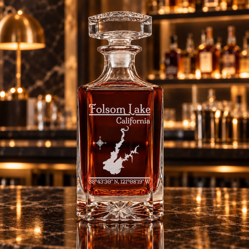 Folsom Lake California Classic engraved square whiskey decanter - decanter alone