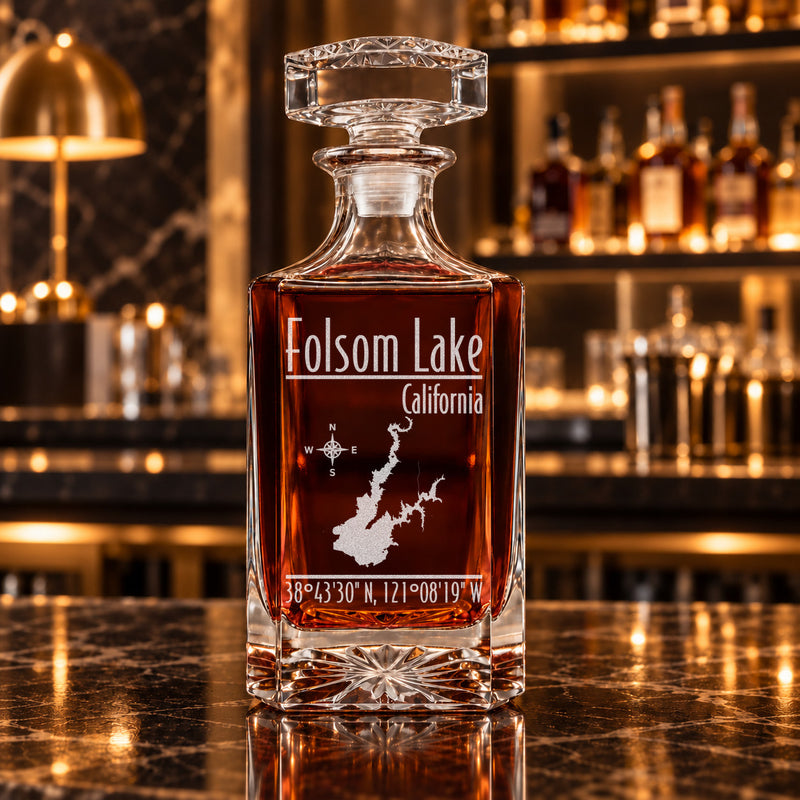 Folsom Lake California Modern engraved square whiskey decanter - decanter alone