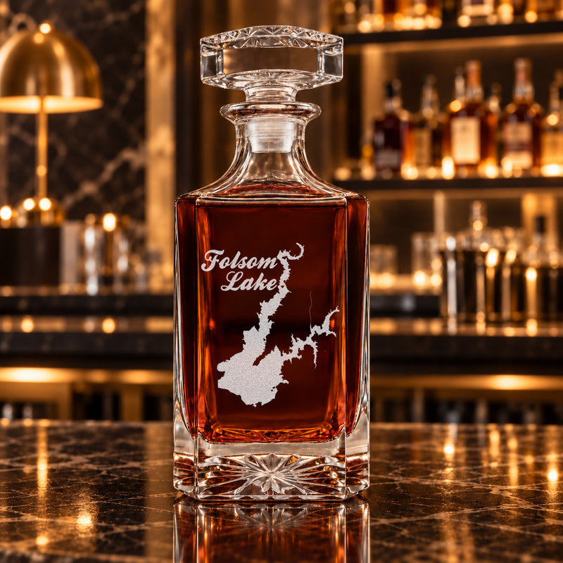 Folsom Lake California Minimalist engraved square whiskey decanter - decanter alone