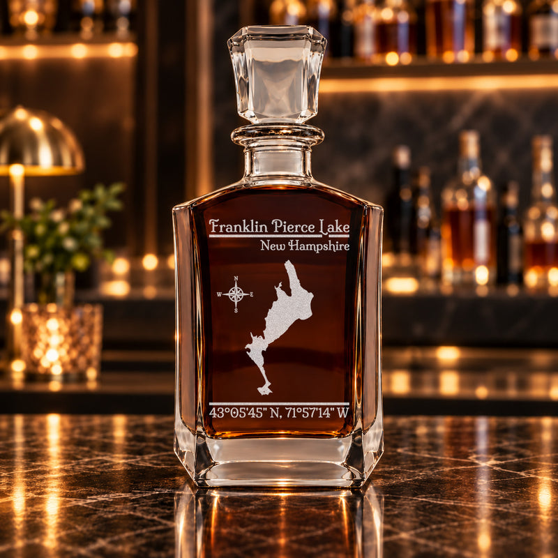 Franklin Pierce Lake New Hampshire Classic engraved six-sided whiskey decanter - decanter alone