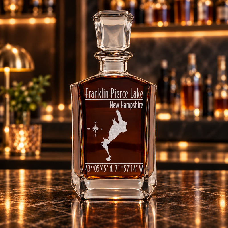 Franklin Pierce Lake New Hampshire Modern engraved six-sided whiskey decanter - decanter alone