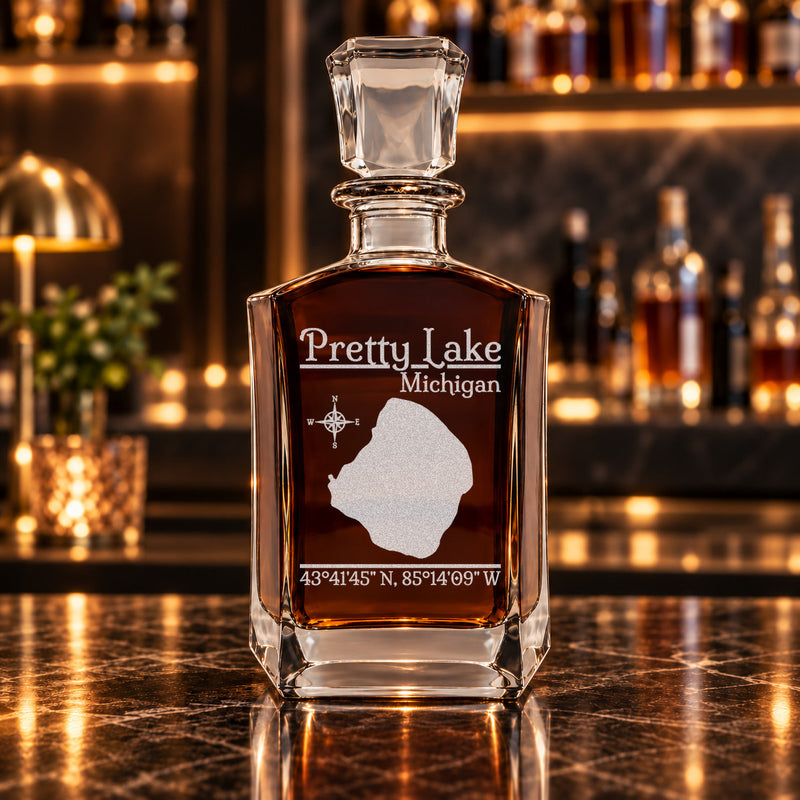 Pretty Lake Michigan Classic engraved six-sided whiskey decanter - decanter alone