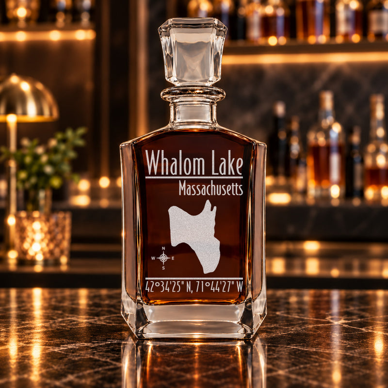 Whalom Lake Massachusetts Modern engraved six-sided whiskey decanter - decanter alone