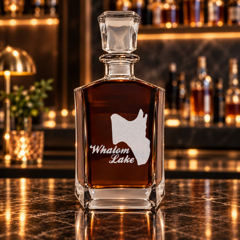 Whalom Lake Massachusetts Minimalist engraved six-sided whiskey decanter - decanter alone