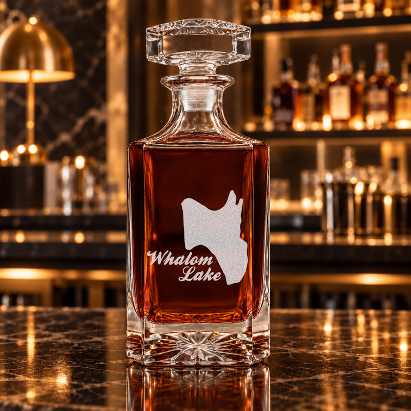 Whalom Lake Massachusetts Minimalist engraved square whiskey decanter - decanter alone