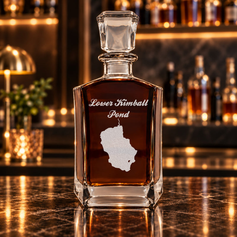 Lower Kimball Pond Maine Minimalist engraved six-sided whiskey decanter - decanter alone