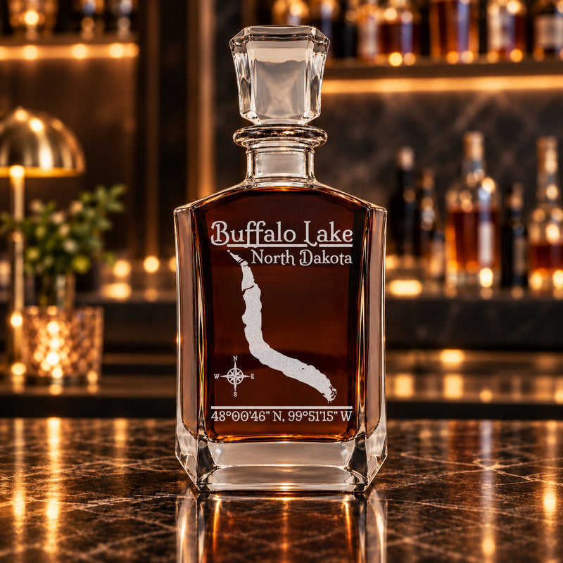 Buffalo Lake North Dakota Classic engraved six-sided whiskey decanter - decanter alone