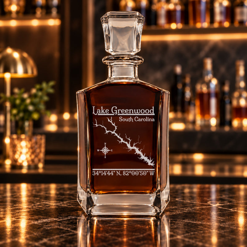 Lake Greenwood South Carolina Classic engraved six-sided whiskey decanter - decanter alone