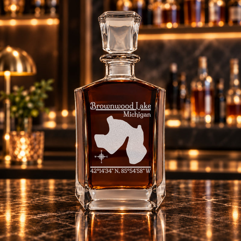 Brownwood Lake Michigan Classic engraved six-sided whiskey decanter - decanter alone