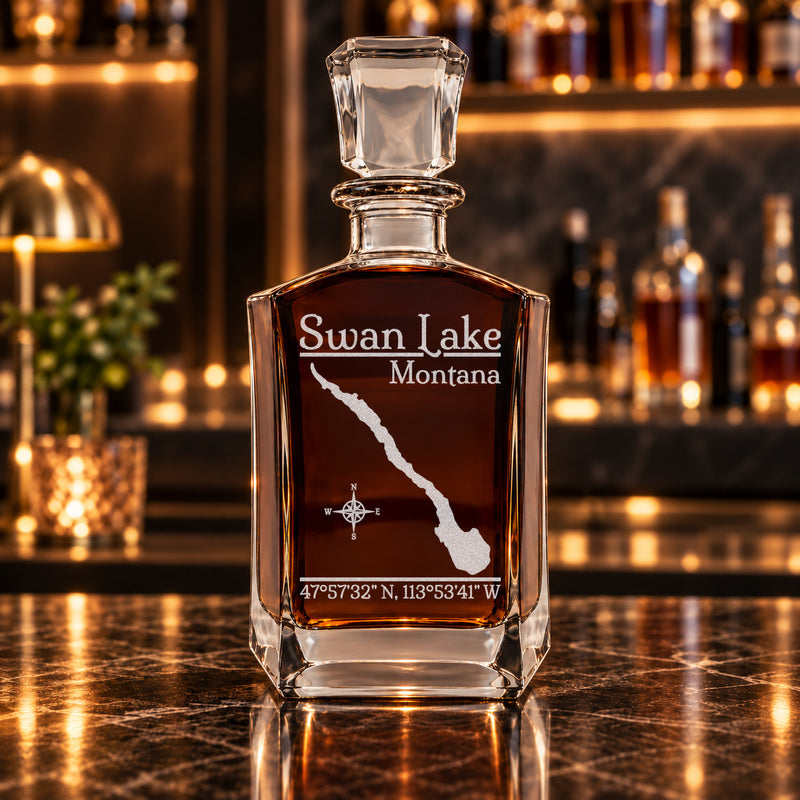 Swan Lake Montana Classic engraved six-sided whiskey decanter - decanter alone