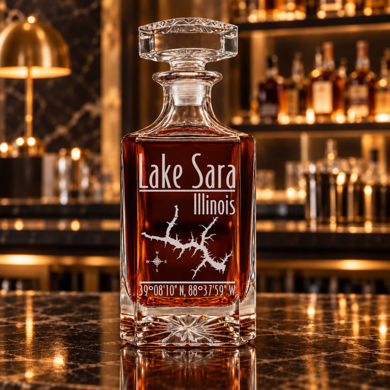 Lake Sara Illinois Modern engraved square whiskey decanter - decanter alone