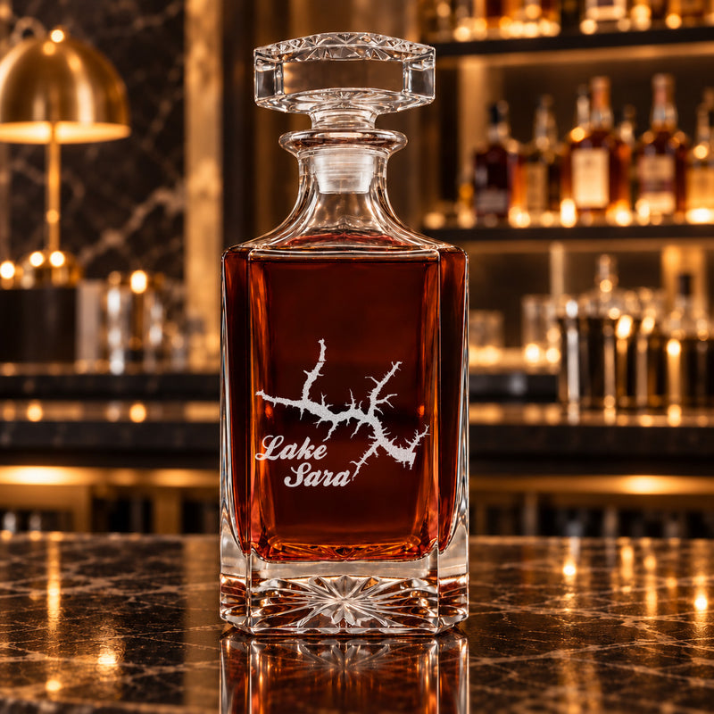 Lake Sara Illinois Minimalist engraved square whiskey decanter - decanter alone
